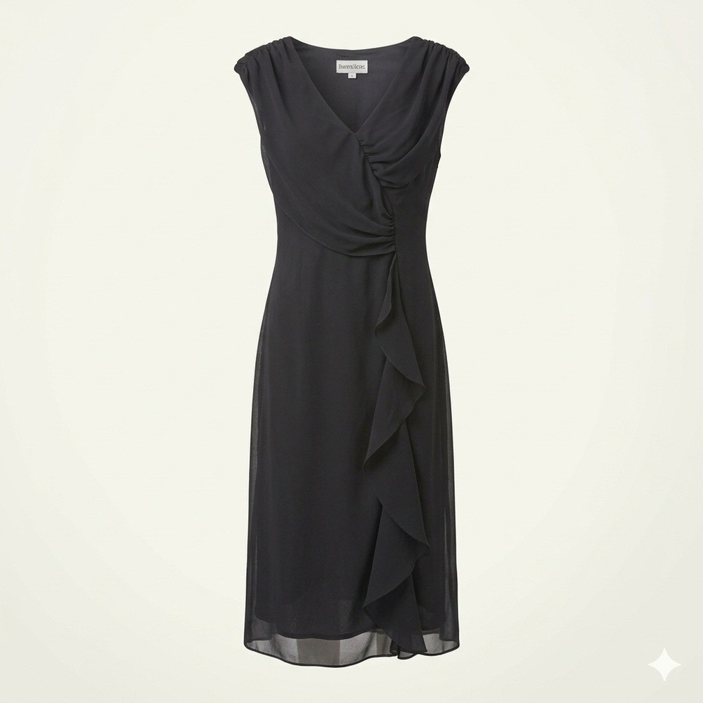 Danny & Nicole Black Ruched Ruffle Chiffon Midi Dress 6 Y2K Whimsigoth Romantic